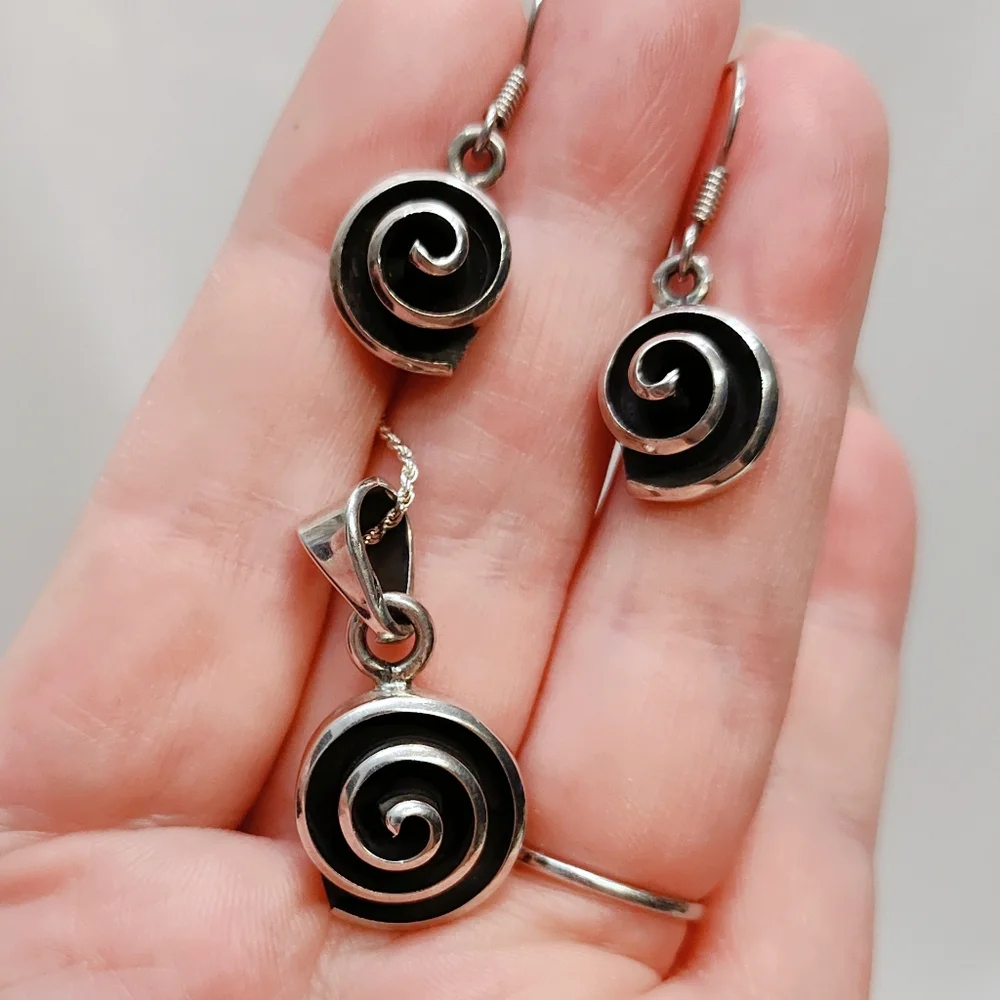 Vintage Mexico Sterling Silver Modernist Spiral Pendant Necklace Earring Set 20" - Picture 13 of 15